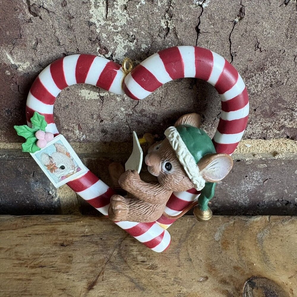 Whimsical Heart Shaped Candy Cane Mouse Ornament Hat & Bell Vintage Christmas